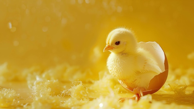 A little yellow chick in a cracked eggshell on a yellow background with copy space