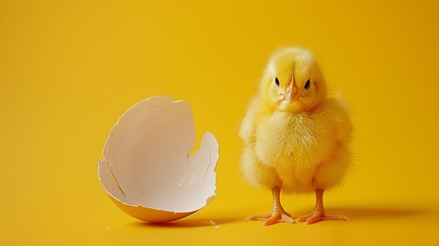 A little yellow chick in a cracked eggshell on a yellow background with copy space