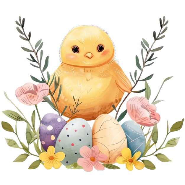 Little yellow chick with easter eggs flowers and herbs happy easter sunday clip art illustration