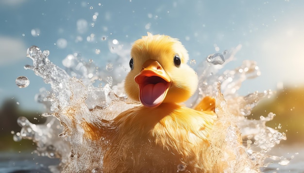 Little yellow duck splashing in the water