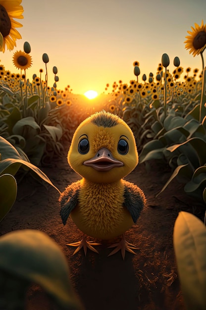 Little yellow duck standing in a field of sunflowers with sunset in background