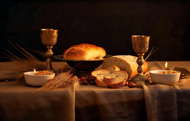 Liturgical table with church cup and bread