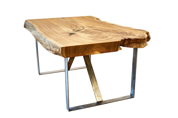 Live edge elm slab coffee table with bizarre pattern shape on white background