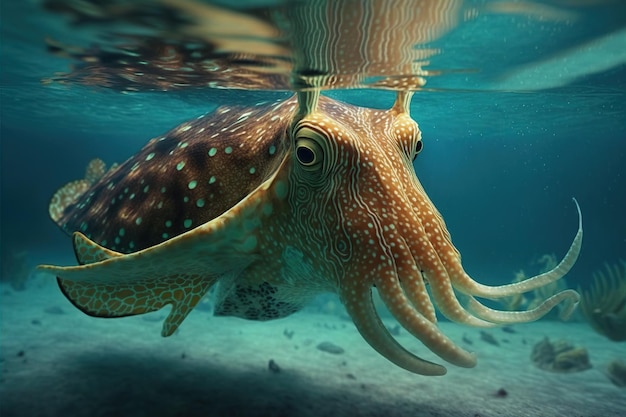 A live squid swims underwater in the sea Ai generated