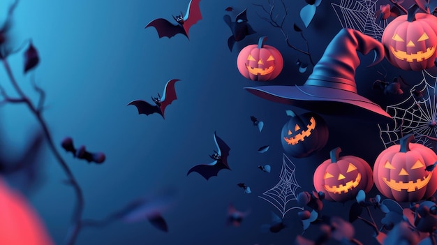 Lively 3D vector witches and bats in a minimal Halloween template with jackolanterns and spider webs on an isolated background