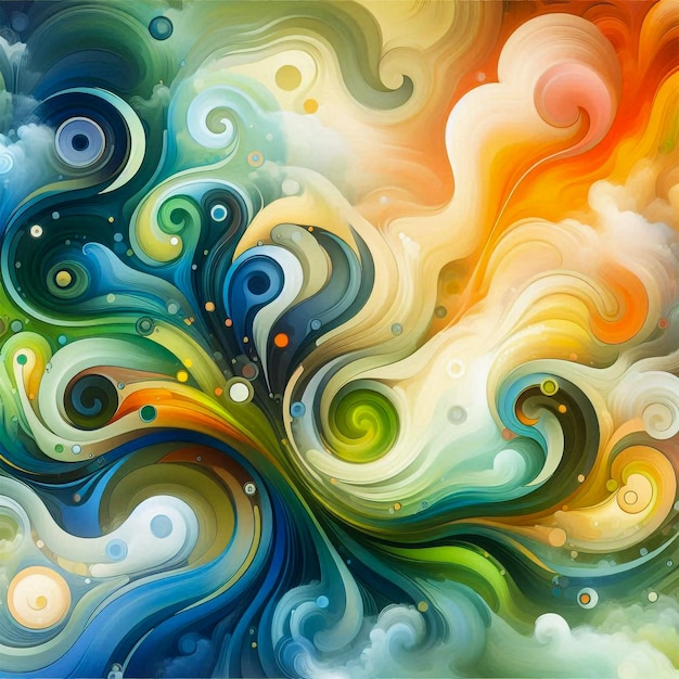 Photo lively abstract background with swirling green and orange shapes blending into blue to yellow gradie