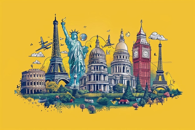 A lively AI Generated vector illustration merging famous monuments with playful skies bringing a whi