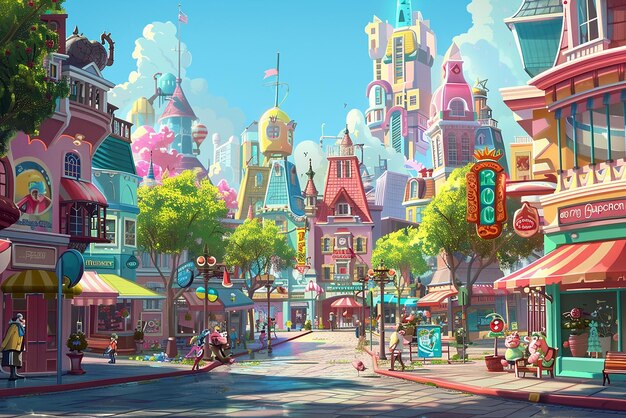 Lively animated city with colorful characters and vibrant streets