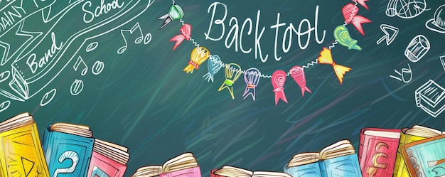 Photo a lively back to school background with colorful banners books and a chalkboard filled with