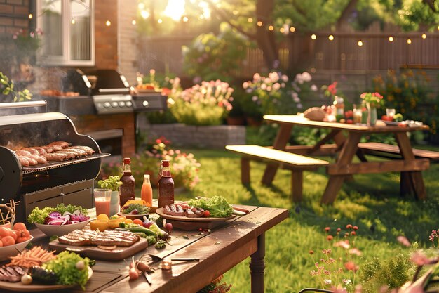 Photo lively backyard barbecue with friends and family enjoying grilled delights lush lawn and rustic fur