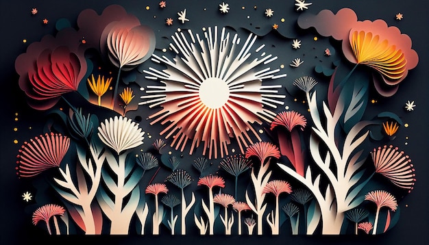 Lively birthday fireworks in paper cit style Generative AI