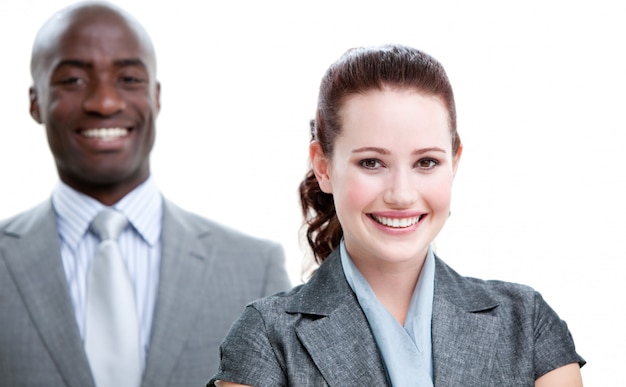 Lively business people standing in a row 