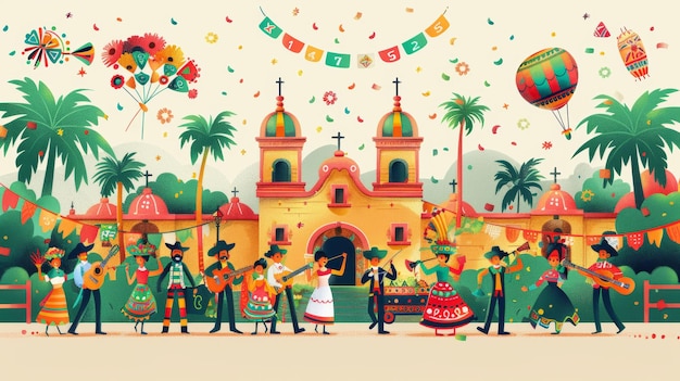 Lively Cinco de Mayo vector scene featuring a parade with dancers musicians and floats decorated with Mexican cultural symbols Generative AI