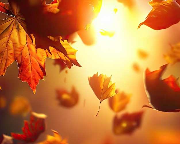 Lively closeup of falling autumn leaves with vibrant backlight from the setting sun