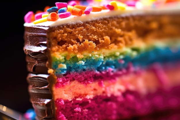 A lively and colorful extreme close up of a slice of birthday cake Generative AI