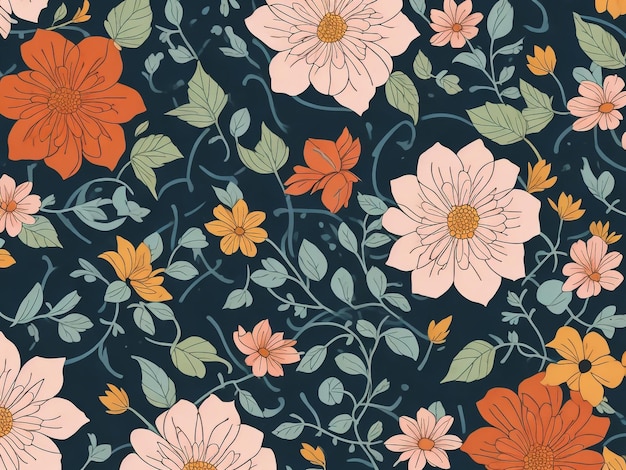 a lively and colorful stylish retro aloha pattern with painted leaves and blossoms that exude a natu