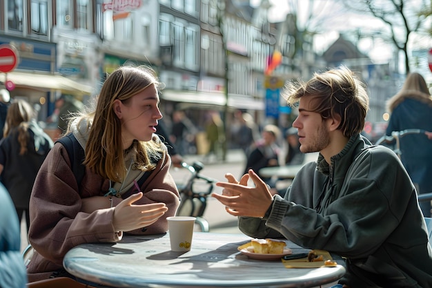 Photo lively conversation between friends at a bustling outdoor caf amidst urban life