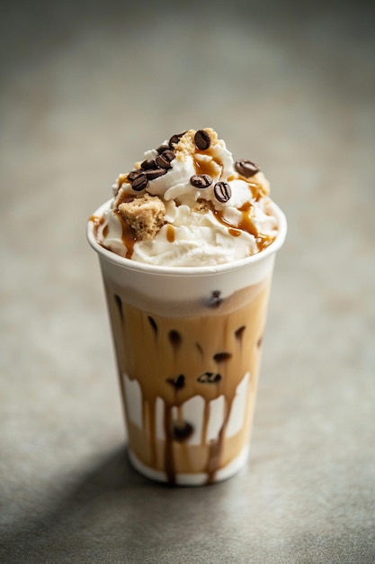 A lively cookie dough iced coffee in a cup with layered textures