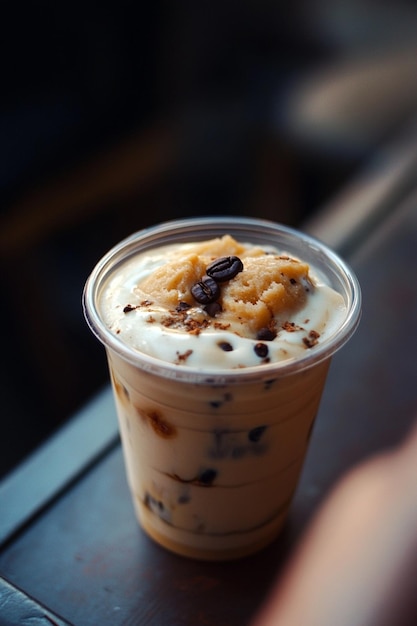 A lively cookie dough iced coffee in a cup with layered textures