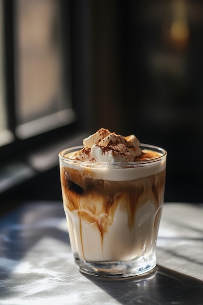 A lively cookie dough iced coffee in a cup with layered textures