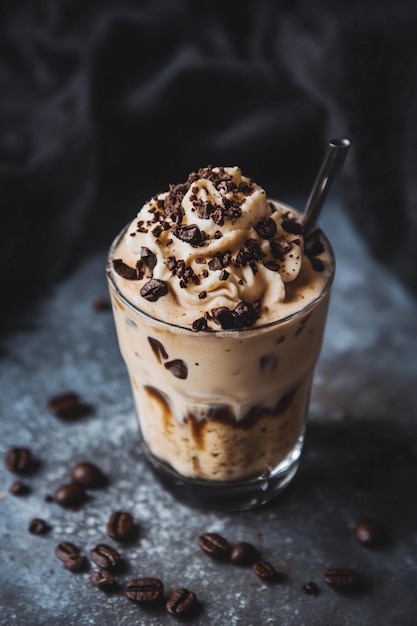 A lively cookie dough iced coffee in a cup with layered textures