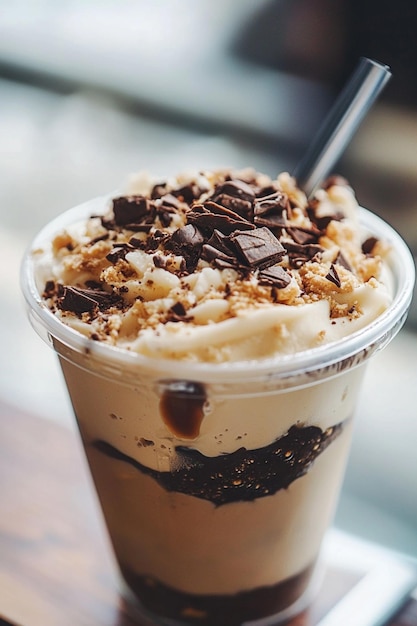 A lively cookie dough iced coffee in a cup with layered textures