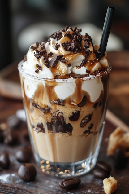 A lively cookie dough iced coffee in a cup with layered textures