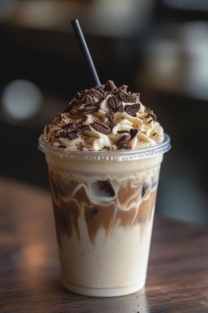 A lively cookie dough iced coffee in a cup with layered textures