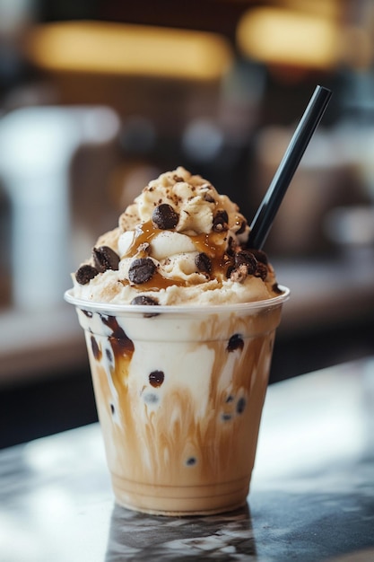 A lively cookie dough iced coffee in a cup with layered textures