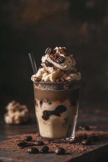 A lively cookie dough iced coffee in a cup with layered textures