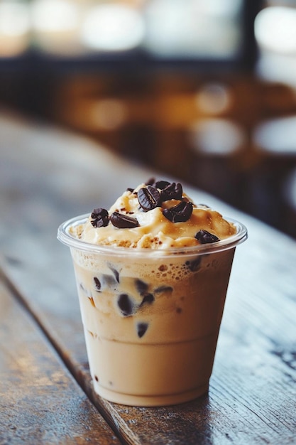 A lively cookie dough iced coffee in a cup with layered textures