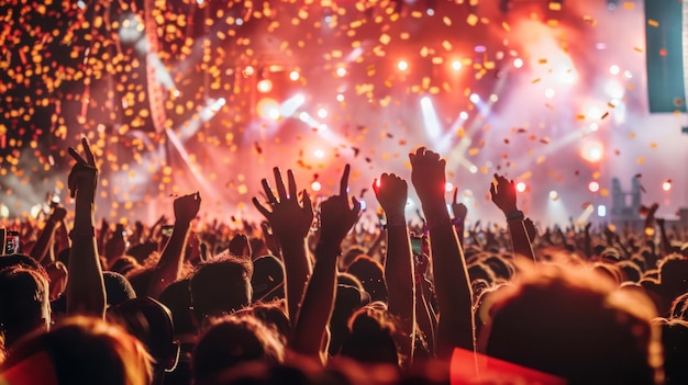 A lively crowd of people at a concert enthusiastically raising their hands in the air while enjoying