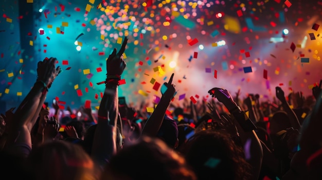 A lively crowd of people at a concert jumping and cheering as colorful confetti fills the air