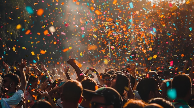 A lively crowd of people enjoying a concert as confetti fills the air creating a festive atmosphere