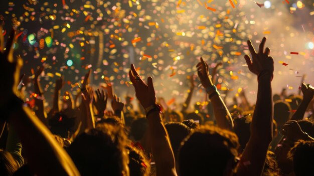 A lively crowd of people enjoying a concert with confetti filling the air as they celebrate