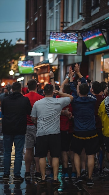 Photo lively crowd of soccer enthusiasts watching a championship game on a range of storefront television