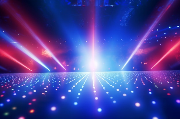 Lively disco scene with dazzling blue and red shining rays