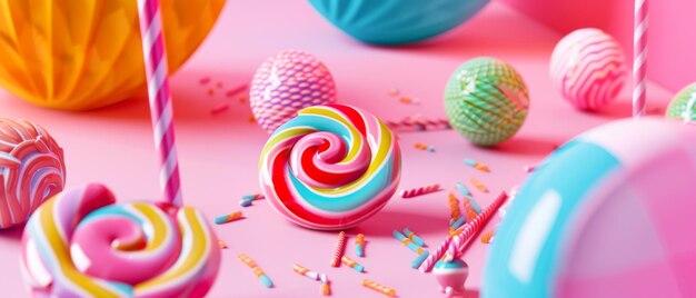 Photo a lively display of colorful candies and sweets spread out on a pink background evoking a sense of fun and indulgence