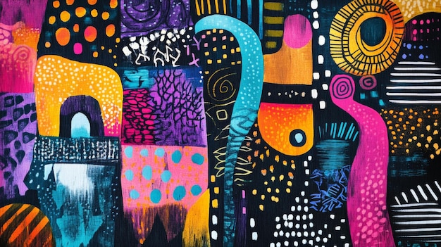 A lively doodle art header featuring a mix of geometric and organic shapes with textured patterns