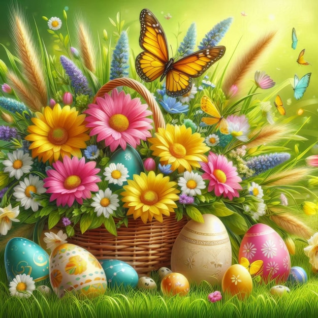 Lively Easter scene with fresh flowers and a yellow butterfly on a rich green grass background