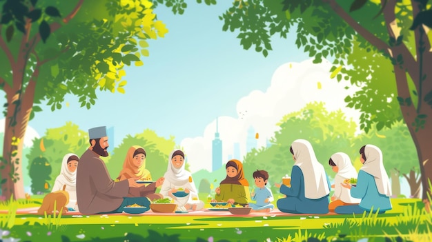 Lively Eid al Adha vector scene featuring a community gathering in a park with families enjoying food games and activities together Generative AI