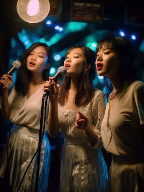 Lively and Energetic Asian Women with Microphones and Neon Lights generated by AI