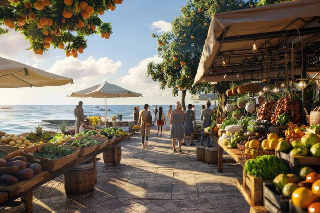 Photo a lively farmers market by the sea with vendors selling fresh seafood and local produce