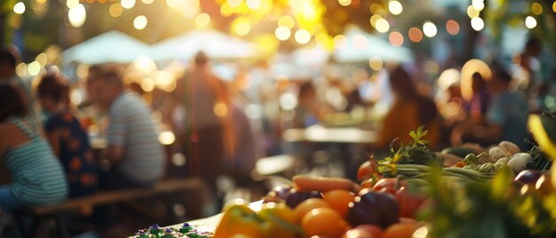 Photo a lively farmers market during golden hour with fresh produce in the foreground and people enjoying the atmosphere in the blurred background