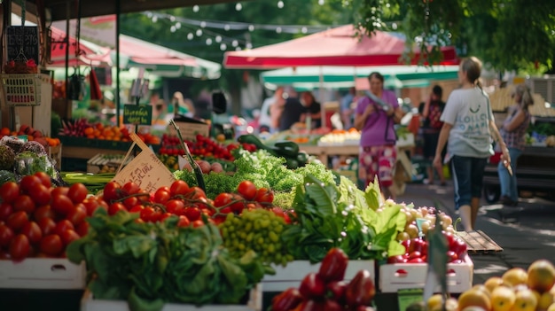 A lively farmers market with fresh produce artisanal products and families enjoying the vibrant atmosphere