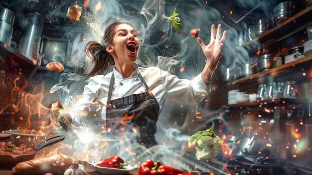 Photo a lively female chef enthusiastically throws fresh vegetables into the air capturing the essence of culinary creativity in a bustling kitchen