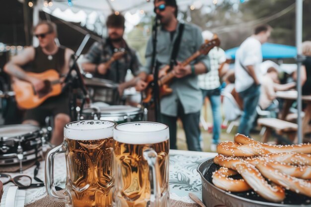 Photo lively festival with people enjoying traditional bavarian treats sipping beer and reveling in vibrant live music under a sunny sky