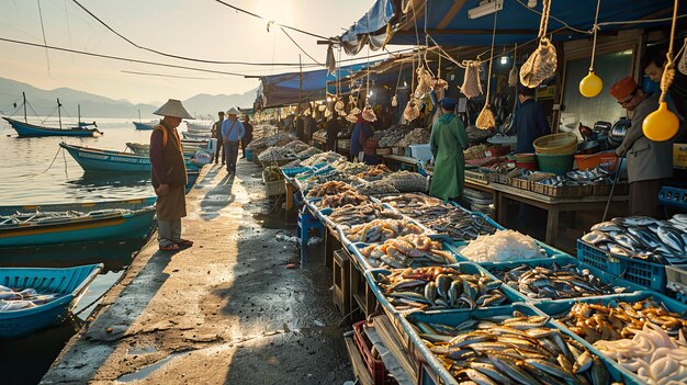 Photo lively fish market by the sea with vendors and customers under morning light showcasing a variety of fresh seafood