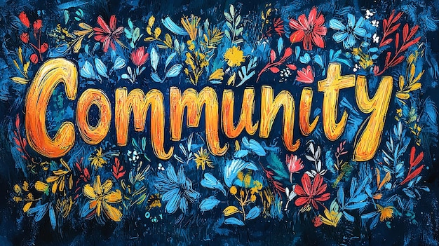 Lively floral art illustrating the word Community in yellow red and blue