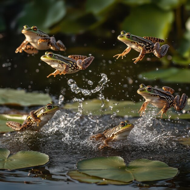 Photo lively frogs leaping among lily pads in pond